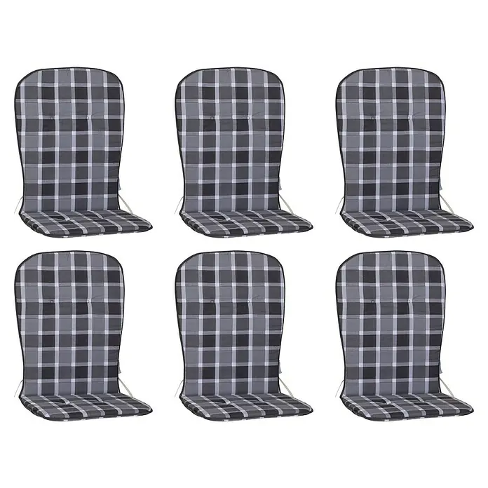 beo Gartenmöbel-Auflage Mono I - Hochlehner, 6 Stk., L x B x H: 96 x 44 x 4 cm, Baumwolle, Polyester, Grau - Sechs karierte Stuhlkissen in Grau und Weiß. Die Kissen sind gepolstert und haben eine hohe Rückenlehne. Ideal für Gartenmöbel.