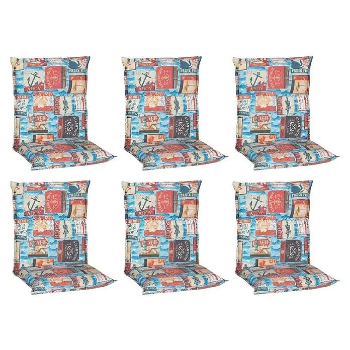 beo Gartenmöbel-Auflage Togo - Niederlehner, 6 Stk., L x B x H: 98 x 46 x 8 cm, Baumwolle, Polyester, Rot/Blau - Nahaufnahme von sechs nautischen Stuhlkissen mit blau-rotem Muster. Die Stuhlkissen sind ein dekoratives und bequemes Accessoire.