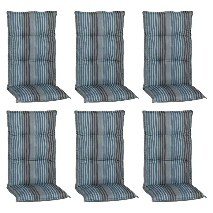 beo Gartenmöbel-Auflage Tissa - Hochlehner, 6 Stk., L x B x H: 118 x 46 x 8 cm, Baumwolle, Polyester, Schaumvlies, Blau/Grau - Abgebildet sind sechs gestreifte Stuhlkissen in Grau- und Blautönen, die Komfort und Stil für jede Sitzgelegenheit im Freien bieten.
