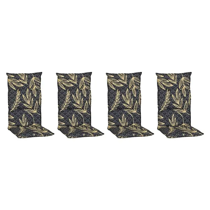 beo Gartenmöbel-Auflage Bonn - Hochlehner, 4 Stk., L x B x H: 118 x 50 x 6 cm, Baumwolle, Polyester, Schwarz/Gelb - Vier dunkelgraue Stuhlkissen mit goldenem Blattmuster, die Komfort und Stil für Ihre Sitzgelegenheiten bieten.