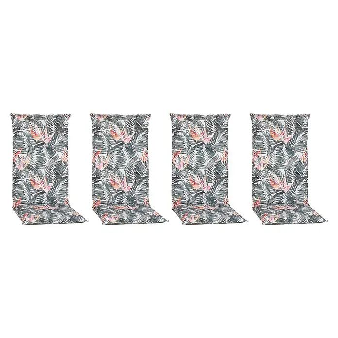 beo Gartenmöbel-Auflage Tamky - Hochlehner, 4 Stk., L x B x H: 118 x 46 x 8 cm, Grün/Rosa - Vier hochwertige Stuhlkissen mit einem tropischen Blattmuster in Grau und Rosa, die Komfort und Stil für jeden Stuhl bieten.