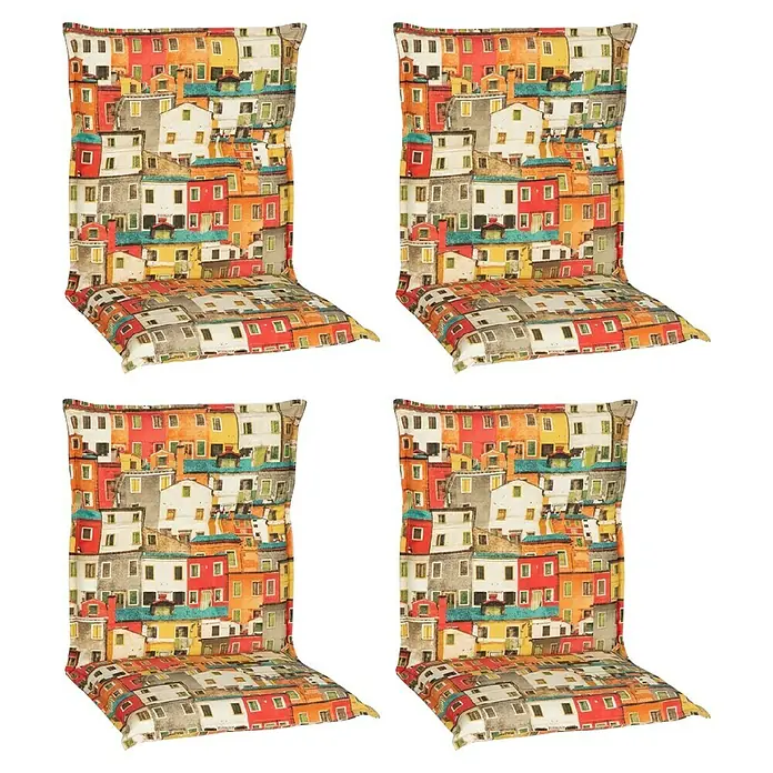 beo Gartenmöbel-Auflage Sardinien - Niederlehner, 4 Stk., L x B x H: 98 x 46 x 8 cm, Baumwolle, Polyester, Rot/Gelb - Vier bunte Stuhlkissen mit Stadtmotiv, die Komfort und Stil in jeden Raum bringen. Genießen Sie das lebendige Design dieser Sitzkissen.