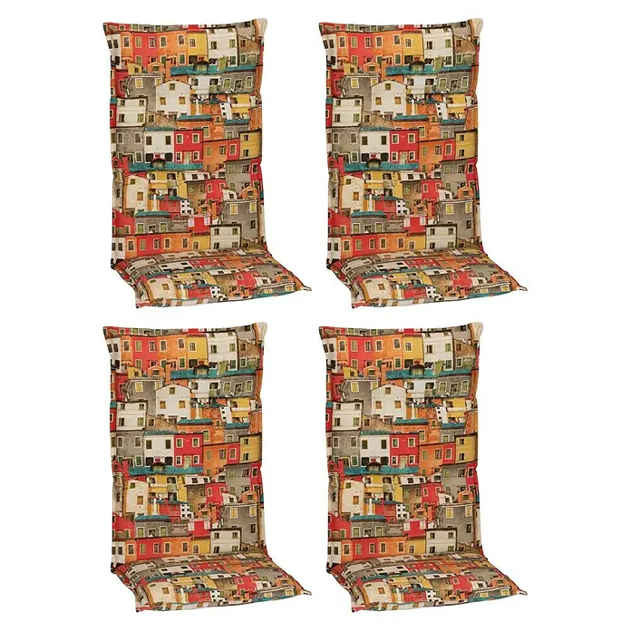 beo Gartenmöbel-Auflage Sardinien - Hochlehner, 4 Stk., L x B x H: 118 x 46 x 8 cm, Baumwolle, Polyester, Orange - Vier bunte Stuhlkissen mit einem lebendigen Häusermuster, ideal für die stilvolle und komfortable Aufwertung Ihrer Gartenmöbel.