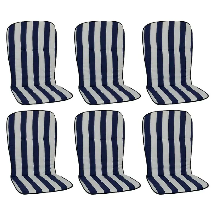 beo Gartenmöbel-Auflage Mono II - Hochlehner, 6 Stk., L x B x H: 96 x 44 x 4 cm, Baumwolle, Polyester, Blau/Weiß - Sechs gestreifte blaue und weiße Stuhlauflagen im Set, perfekt für den Garten oder die Terrasse. Bequeme und stilvolle Sitzgelegenheiten für den Außenbereich.