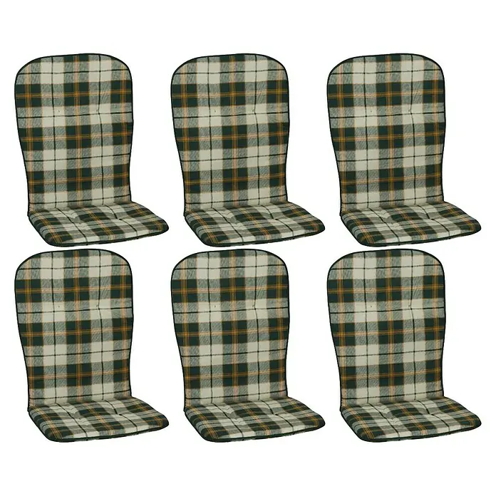 beo Gartenmöbel-Auflage Mono IIII - Hochlehner, 6 Stk., L x B x H: 96 x 44 x 4 cm, Baumwolle, Polyester, Grün/Schwarz - Abbildung von sechs karierten Stuhlkissen, die Komfort und Stil für Sitzmöbel im Innen- und Außenbereich bieten.