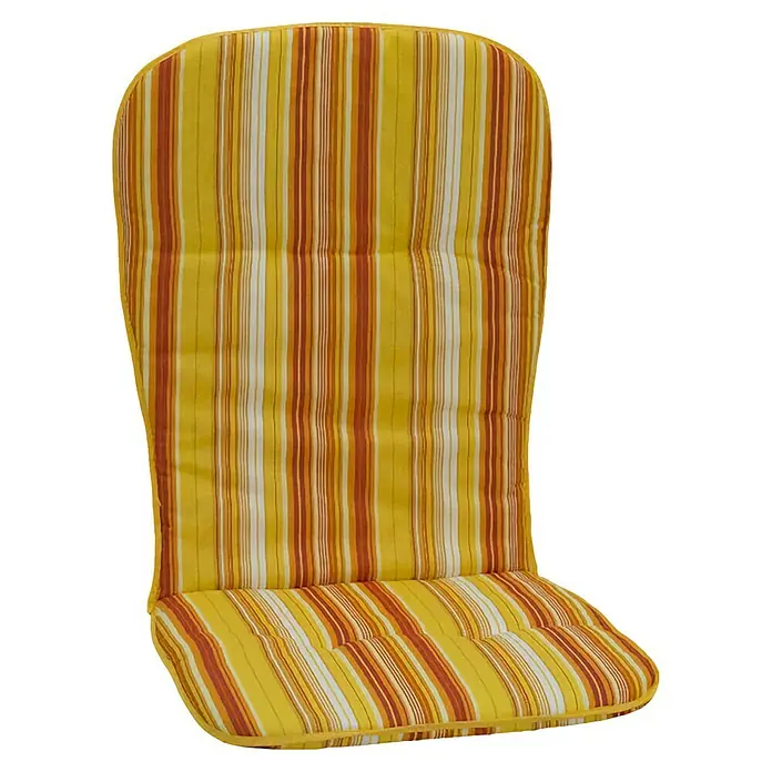 beo Gartenmöbel-Auflage Mono III - Hochlehner, 6 Stk., L x B x H: 96 x 44 x 4 cm, Baumwolle, Polyester, Gelb/Rot - Hochformatiges Foto eines gelb-braun gestreiften Gartenstuhlpolsters. Die Polsterung ist weich und bequem.