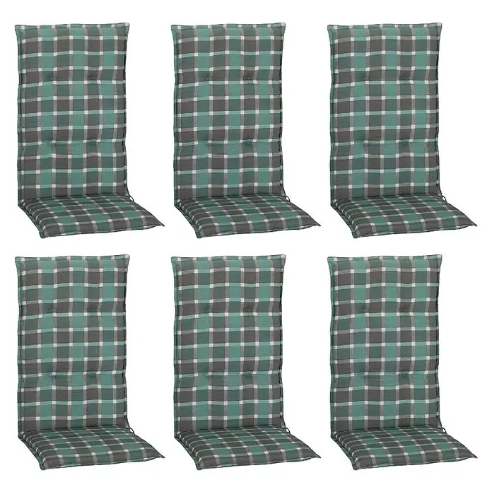 beo Gartenmöbel-Auflage Büsum - Hochlehner, 6 Stk., L x B x H: 118 x 50 x 6 cm, Baumwolle, Polyester, Grün/Grau - Das Bild zeigt sechs karierte Gartenstuhlauflagen mit einer dezenten Farbgebung, ideal für bequemes Sitzen im Freien und zur Aufwertung der Gartenmöbel.