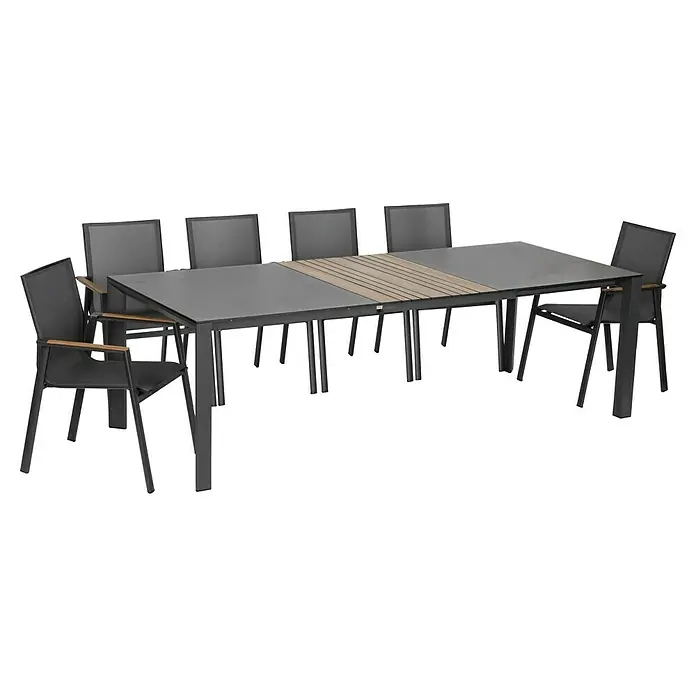 Acamp Gartenmöbel-Set Vegas/Woody Extension - 7 -tlg., Aluminium, Sicherheitsglas, HPL, Schwarz - Das Bild zeigt eine moderne Gartentischgruppe mit sechs Stühlen und einem Tisch mit grauer Platte und Holzelementen.
