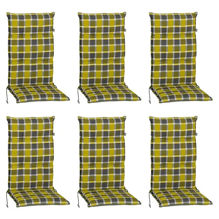 beo Gartenmöbel-Auflage Bratislava - Hochlehner, 6 Stk., L x B x H: 118 x 50 x 6 cm, Baumwolle, Polyester, Grau/Gelb - Sechs Gartenstuhlauflagen mit Karomuster in Gelb, Grau und Weiß. Die Polster sind hoch und bequem. Ideal für den Garten.