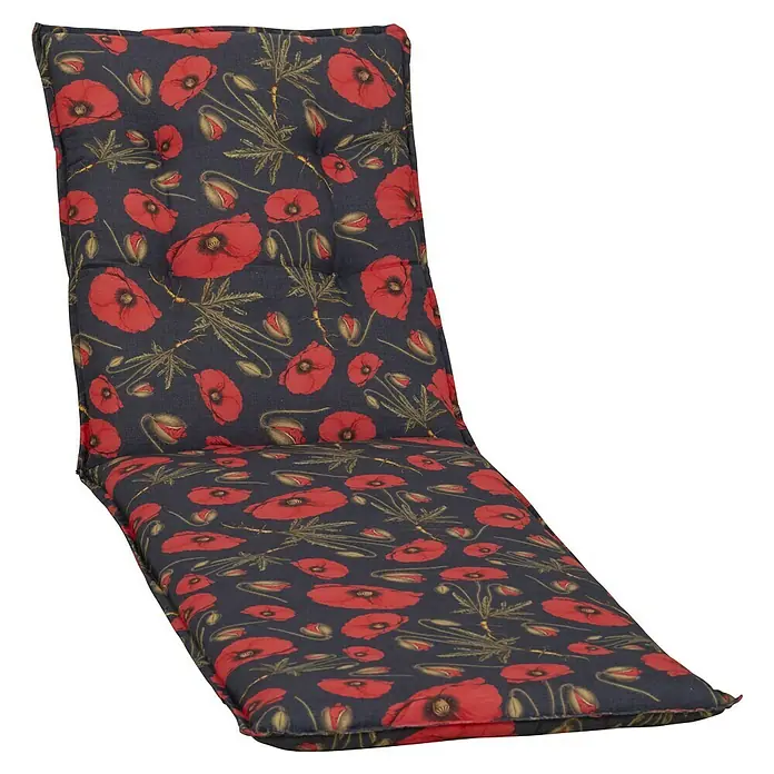 Gartenmöbel-Auflage Trondeim - Liegenauflage, 1 Stk., L x B x H: 191 x 58 x 8 cm, Baumwolle, Polyester, Schwarz/Rot - Eine stilvolle Liegenauflage mit einem roten Mohnblumenmuster auf einem dunklen Hintergrund, ideal für Gartenmöbel und Entspannung im Freien.
