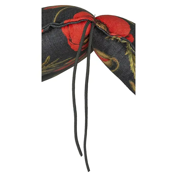Gartenmöbel-Auflage Trondeim - Liegenauflage, 1 Stk., L x B x H: 191 x 58 x 8 cm, Baumwolle, Polyester, Schwarz/Rot - Nahaufnahme eines Kissens mit Mohnblumenmuster und schwarzen Kordeln zur Befestigung an einem Stuhl oder einer Bank.