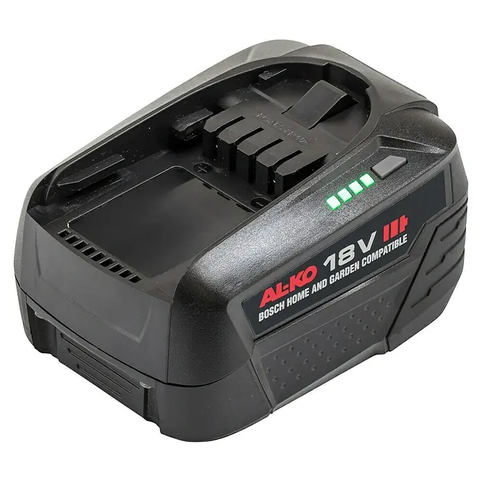 AL-KO Bosch Home & Garden Compatible Akku B75.5 LI - 18 V, 4 Ah, Li-Ionen - Nahaufnahme eines AL-KO 18V Bosch Home and Garden Akkus mit Ladestandsanzeige, ideal für Gartengeräte.