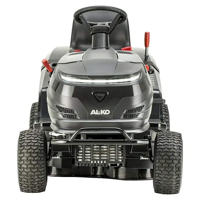 AL-KO Easy Rasentraktor 13-86.6 M-A - 7,2 kW, Schnittbreite: 86 cm, Schnitthöhe: 30 mm - 90 mm, Kraftstoffart: Benzin - Frontansicht eines AL-KO Aufsitzmähers in Schwarz. Das Gerät verfügt über eine LED-Leiste und robuste Reifen für den Garten.