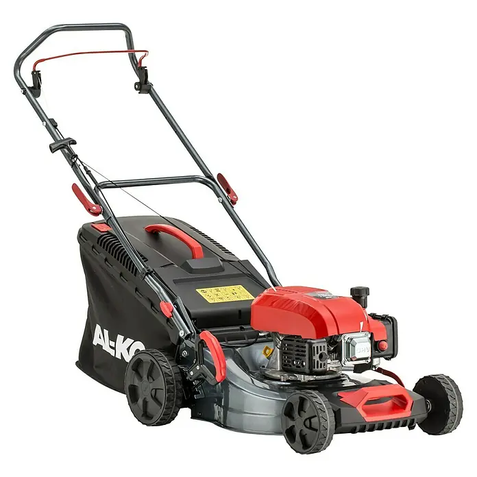 AL-KO Benzin-Rasenmäher Easy 4.26 P-D - 1,9 kW, 131 cm³, Schnittbreite: 41 cm - Ein AL-KO Benzin-Rasenmäher in Rot und Schwarz. Das Gerät ist für die Gartenarbeit konzipiert.