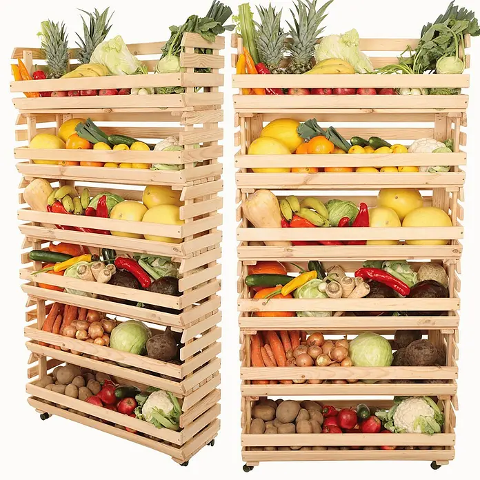 Proregal Holzregal Gemüseregal VeggieRoll mit Rollen - Anzahl Böden: 6 Stk., Schrauben, Natur