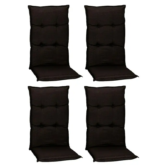 beo Gartenmöbel-Auflage Trier - Hochlehner, 4 Stk., L x B x H: 171 x 46 x 8 cm, Baumwolle, Polyester, Schwarz - Vier gesteppte, dunkelbraune Gartenstuhlauflagen, ideal für Komfort und Stil im Außenbereich, mit praktischen Knöpfen für sicheren Halt.