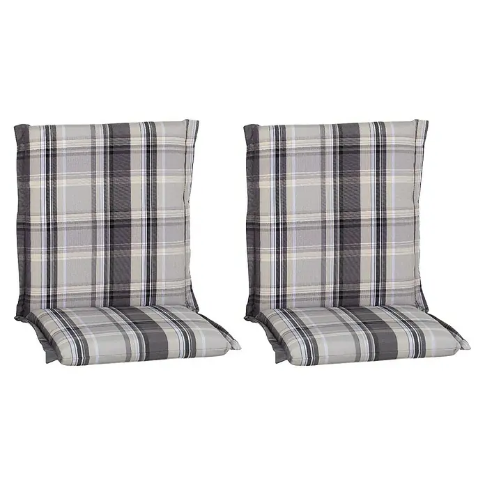 beo Gartenmöbel-Auflage Atika - Niederlehner, 2 Stk., L x B x H: 100 x 52 x 8 cm, Dralon, Polyester, Grau/Weiß - Abgebildet sind zwei karierte Stuhlkissen. Sie verleihen jedem Stuhl einen Hauch von Gemütlichkeit und Stil.