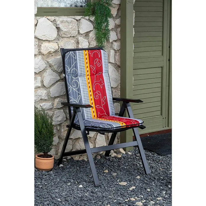 beo Gartenmöbel-Auflage Elmira - Hochlehner, 4 Stk., L x B x H: 114 x 47 x 5 cm, Baumwolle, Polyester, Rot/Orange/Grau - Ein komfortabler, farbenfroher Gartensessel mit einer weichen Polsterauflage, ideal zum Entspannen im Freien.