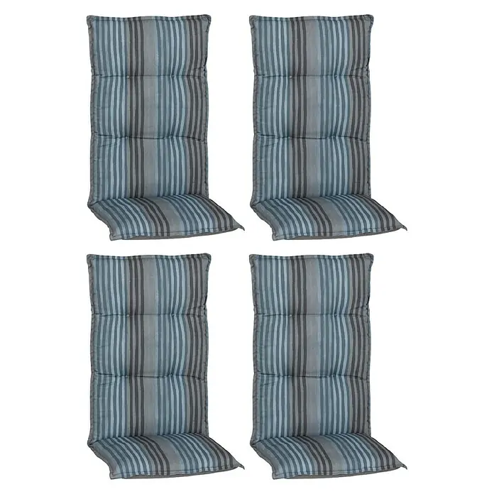 beo Gartenmöbel-Auflage Tissa - Hochlehner, 4 Stk., L x B x H: 118 x 46 x 8 cm, Baumwolle, Polyester, Schaumvlies, Blau/Grau - Vier gestreifte Stuhlkissen mit hoher Rückenlehne. Die Polster sind in Grau und Blautönen gehalten und bieten Komfort.