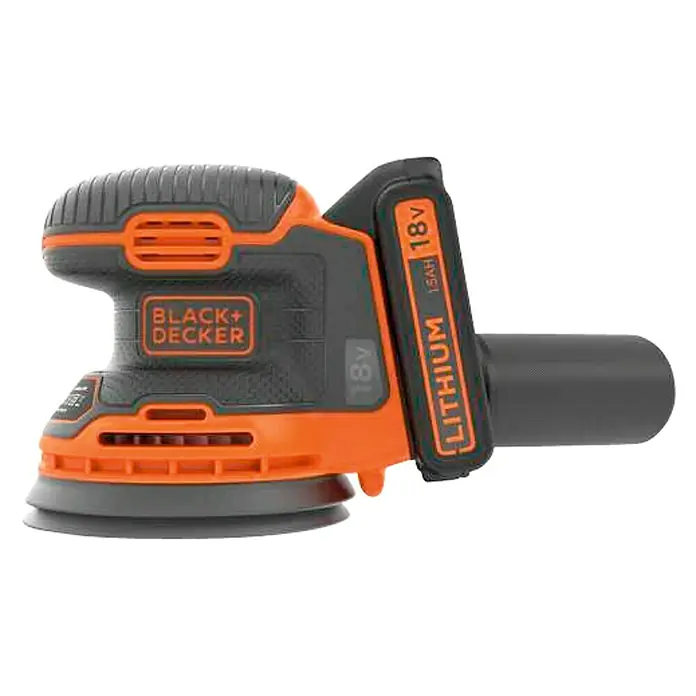 Black+Decker 18V PowerConnect Lijadora excéntrica de batería BDCROS18-QW - 18 V, Iones de litio, 1,5 Ah, 1 batería, 125 mm - Primer plano de una lijadora orbital inalámbrica Black+Decker, ideal para carpintería y proyectos de bricolaje.
