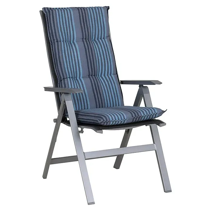 beo Gartenmöbel-Auflage Tissa - Hochlehner, 4 Stk., L x B x H: 118 x 46 x 8 cm, Baumwolle, Polyester, Schaumvlies, Blau/Grau - Abbildung eines grauen Klappstuhls mit blau-grau gestreiften Kissen, der Komfort und Stil für den Außenbereich vereint.