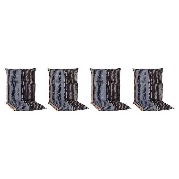 beo Gartenmöbel-Auflage Bangui - Niederlehner, 4 Stk., L x B x H: 101 x 50 x 6 cm, Baumwolle, Polyester, Schwarz/Blau - Bild von vier Stuhlkissen mit einem Streifenmuster in Grau-, Beige- und Brauntönen. Ideal für Gartenmöbel.