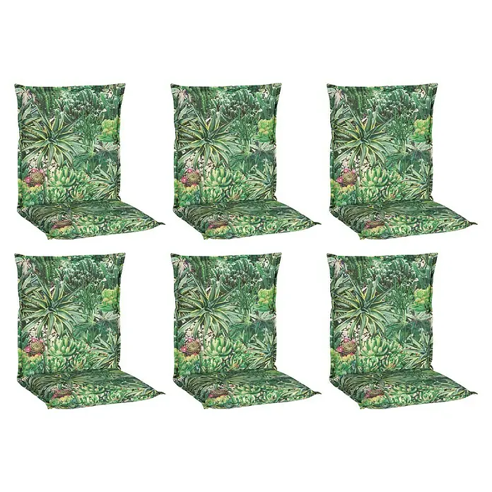 beo Gartenmöbel-Auflage Tegernsee - Niederlehner, 6 Stk., L x B x H: 98 x 46 x 8 cm, Baumwolle, Polyester, Grün - Abbildung von sechs Outdoor-Stuhlkissen mit botanischem Muster für bequemes Sitzen im Freien und zur stilvollen Gestaltung des Gartens.
