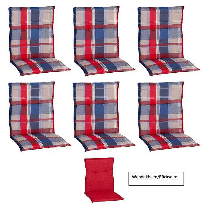 beo Gartenmöbel-Auflage - Hochlehner, 6 Stk., L x B x H: 100 x 48 x 5 cm, Baumwolle, Polyester, Rot/Blau - Abgebildet sind 6 karierte und ein rotes, uni Sitzkissen für Gartenstühle mit hoher Rückenlehne. Praktische Wendekissen in frischen Farben.