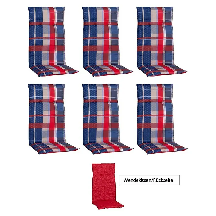 beo Gartenmöbel-Auflage Gera - Hochlehner, 6 Stk., L x B x H: 120 x 48 x 5 cm, Baumwolle, Polyester, Blau/Rot - Gartenstuhlauflagen im 6er-Set mit Wendekissen. Bequeme und stilvolle Sitzkissen für den Außenbereich, perfekt für Gartenmöbel.