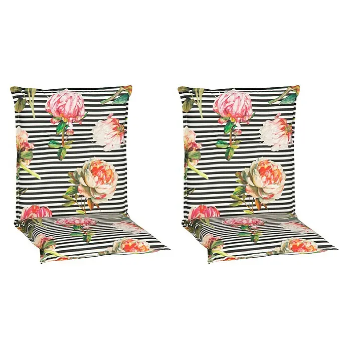 beo Gartenmöbel-Auflage Toronto - Niederlehner, 2 Stk., L x B x H: 98 x 46 x 8 cm, Baumwolle, Polyester, Schwarz/Rosa - Zwei Stühle mit floralem Muster und schwarz-weißen Streifen. Ideal für Esszimmer oder Wohnbereich, die jedem Raum einen Hauch von Eleganz verleihen.