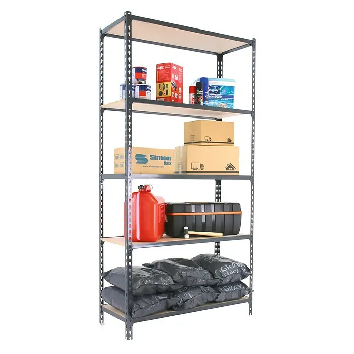 Simonrack Maderclick Metallregal Maderclick Plus - H x B x T: 200 x 100 x 40 cm, Traglast pro Boden: 150 kg, Anzahl Böden: 5 Stk., Stecken, Anthrazitgrau - Ein Regal mit fünf Ebenen, beladen mit verschiedenen Gegenständen wie Farbe, Werkzeug und Säcken. Viel Stauraum für Garage, Keller oder Werkstatt.