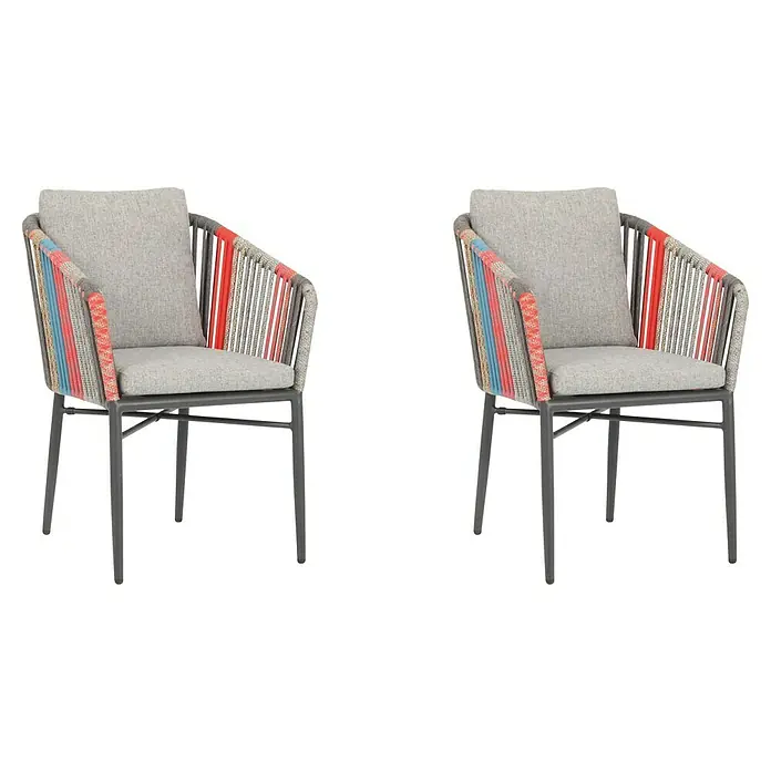 Acamp Gartenmöbel-Set Manhattan/Color - 9 -tlg., Aluminium, Polyester, Akazie, Braun/Grau - Zwei stilvolle Sessel mit farbenfrohen Armlehnen und grauem Bezug, die Komfort und Design vereinen. Perfekt für Innen- und Außenbereiche.