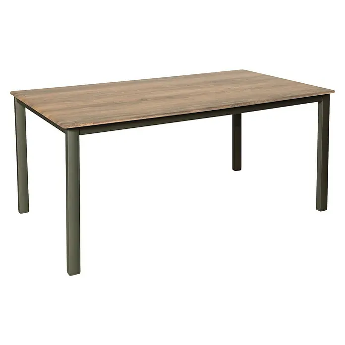 Acamp Gartenmöbel-Set Sky/Acaplan - 5 -tlg., Edelstahl, Teak, Textil, Braun/Anthrazit - Nahaufnahme eines Esstisches mit Holzplatte und Metallbeinen, der ein schlichtes und modernes Design aufweist.