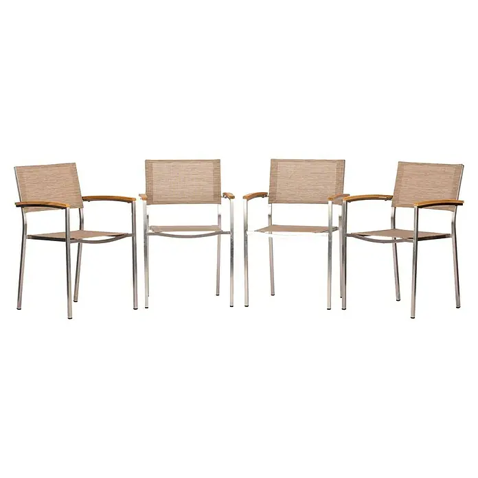 Acamp Gartenmöbel-Set Sky/Acaplan - 5 -tlg., Edelstahl, Teak, Textil, Braun/Anthrazit - Vier Stühle mit Armlehnen aus Metall und beigen Sitzflächen und Rückenlehnen in einer Reihe aufgereiht.