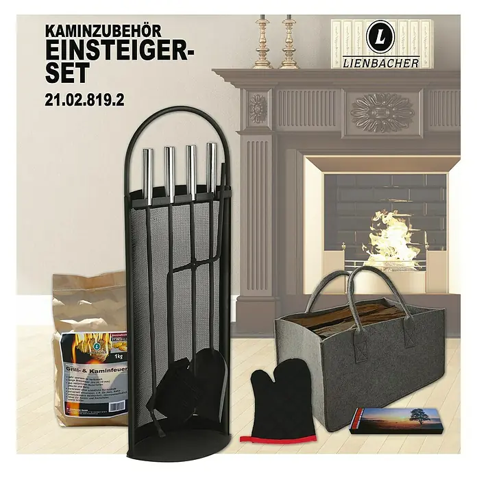 Lienbacher Ofenzubehör-Set - 5 -tlg., Geeignet für: Kaminöfen - Das Kaminzubehör Einsteigerset 21.02.819.2 bietet alles für den Kamin: Werkzeug, Handschuhe, Anzünder und Holztasche für gemütliche Kaminabende.
