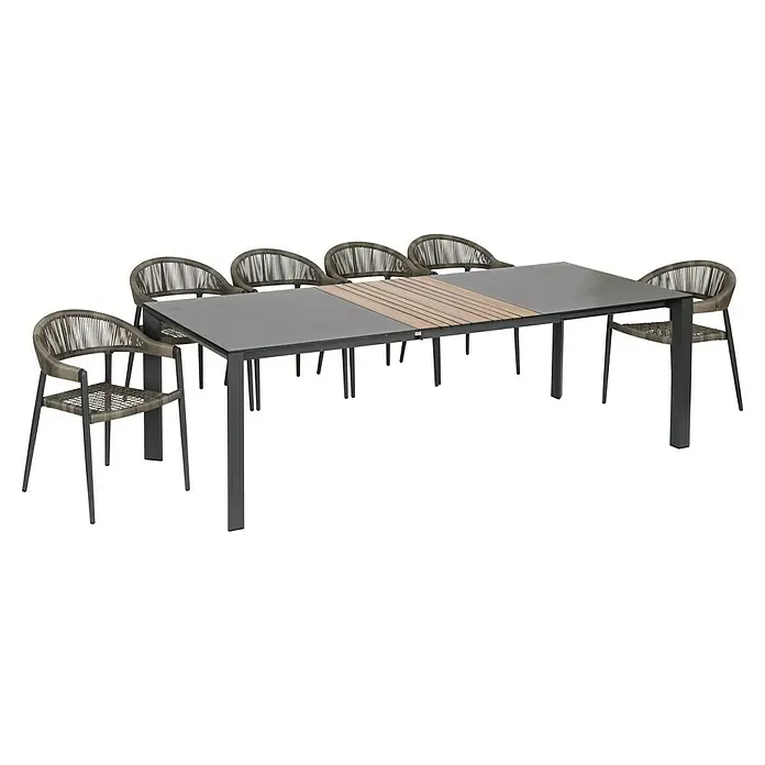Acamp Gartenmöbel-Set Brooklyn/Woody - 7 -tlg., Aluminium, HPL, Anthrazit/Grau - Ein modernes Gartenset mit einem Tisch mit grauer Platte und Holzdetails, umgeben von sechs Stühlen mit Seilbespannung.