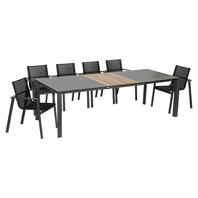 Acamp Gartenmöbel-Set Hollywood/Woody Extension - 7 -tlg., Aluminium, HPL, Schwarz - Ein grauer Gartentisch mit Holzdetails und passenden Stühlen. Die Möbel haben ein modernes und stilvolles Design.