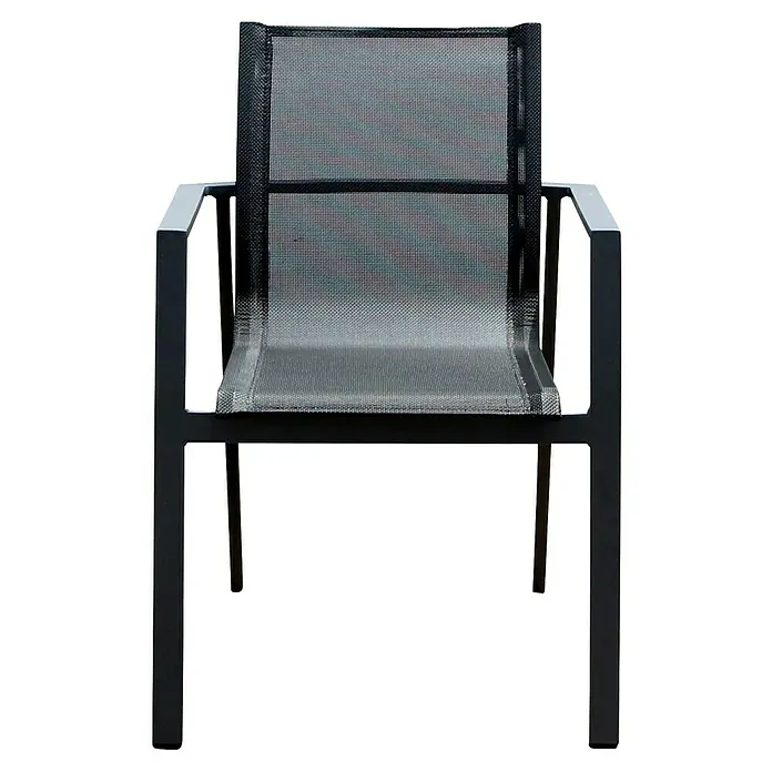 Acamp Gartenmöbel-Set Hollywood/Woody Extension - 7 -tlg., Aluminium, HPL, Schwarz - Nahaufnahme eines modernen Gartenstuhls mit grauer Netzbespannung und dunklem Metallrahmen, der Komfort und Stil für den Außenbereich bietet.