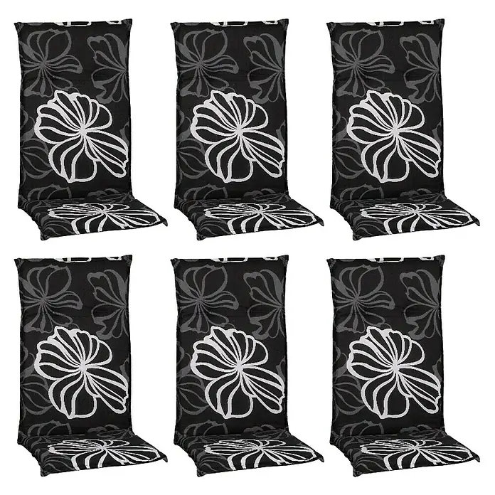 beo Gartenmöbel-Auflage Barcelona - Hochlehner, 6 Stk., L x B x H: 118 x 50 x 6 cm, Baumwolle, Polyester, Schwarz/Weiß - Sechs dekorative Stuhlkissen mit floralem Muster in Schwarz und Weiß. Ideal, um Ihren Essbereich aufzuwerten und für zusätzlichen Komfort zu sorgen.