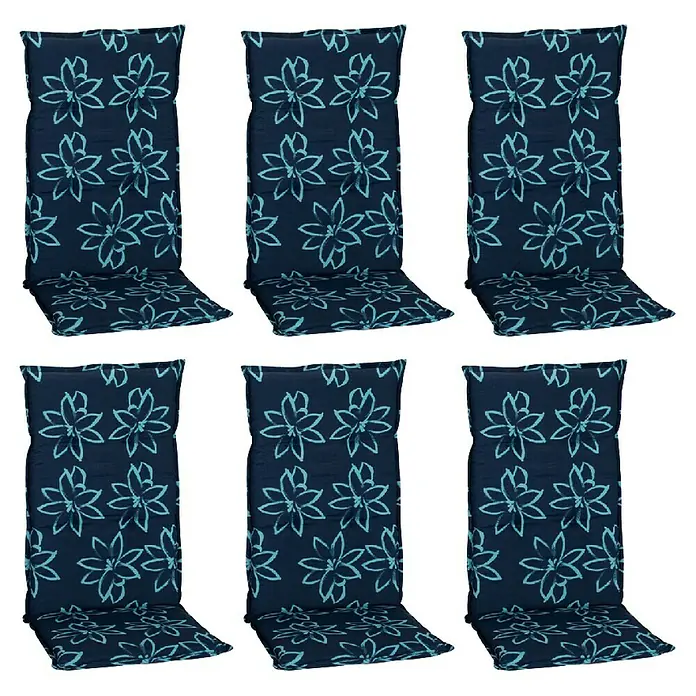 beo Gartenmöbel-Auflage Bunde - Hochlehner, 6 Stk., L x B x H: 118 x 50 x 6 cm, Blau - Sechs blaue Sitzkissen mit Blumenmuster.