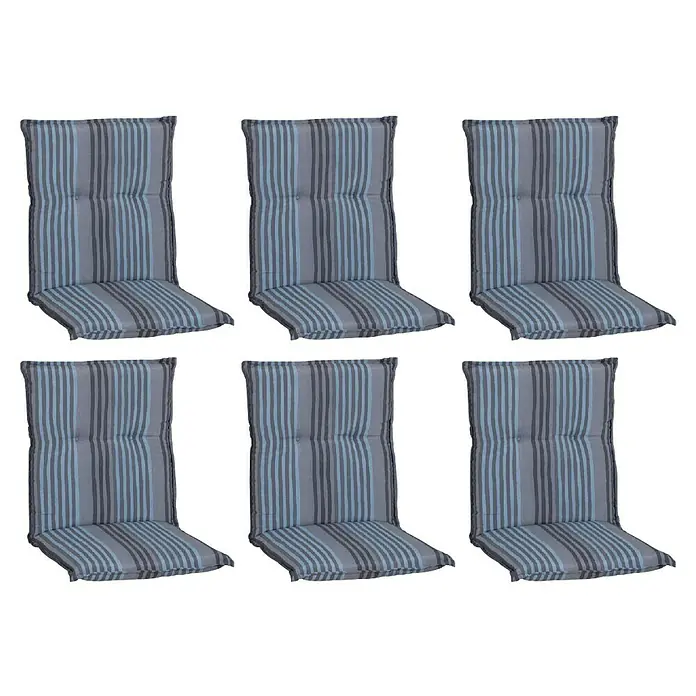 beo Gartenmöbel-Auflage Tissa - Niederlehner, 6 Stk., L x B x H: 98 x 46 x 8 cm, Baumwolle, Polyester, Blau/Grau - Sechs gestreifte Gartenstuhlauflagen in Grau und Blau, die Komfort und Stil für den Außenbereich bieten. Ideal zum Entspannen im Garten.