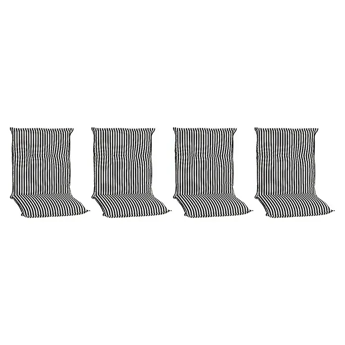 beo Gartenmöbel-Auflage Tupelo - Niederlehner, 4 Stk., L x B x H: 98 x 46 x 8 cm, Baumwolle, Polyester, Schwarz/Weiß - Vier gestreifte Stuhlkissen in Schwarz und Weiß, ideal für Gartenmöbel oder den Innenbereich, bieten Komfort und Stil.
