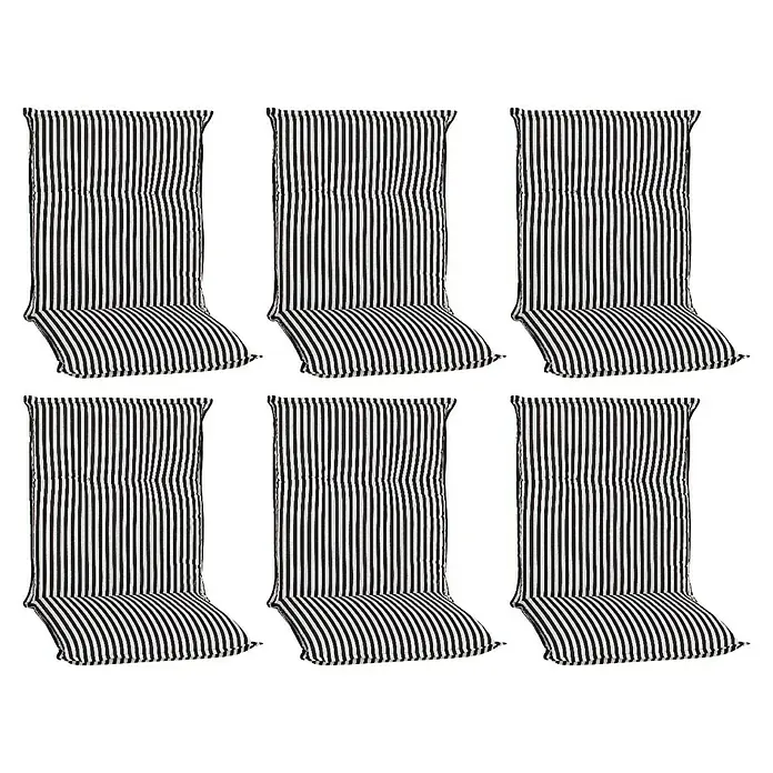 beo Gartenmöbel-Auflage Tupelo - Niederlehner, 6 Stk., L x B x H: 98 x 46 x 8 cm, Baumwolle, Polyester, Schwarz/Weiß - Sechs gestreifte Stuhlkissen in Schwarz und Weiß, ideal für Gartenmöbel oder als bequeme Sitzauflage im Innenbereich.