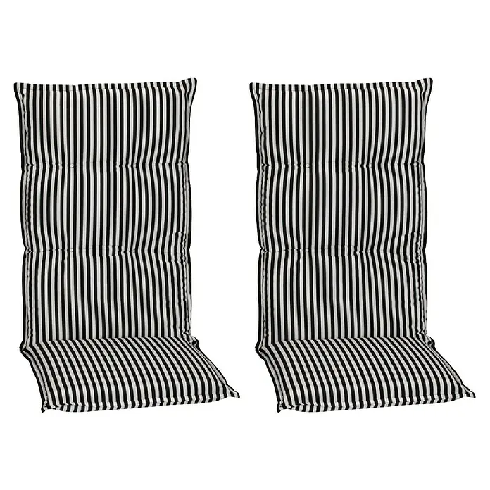 beo Gartenmöbel-Auflage Tupelo - Hochlehner, 2 Stk., L x B x H: 118 x 46 x 8 cm, Baumwolle, Polyester, Schwarz/Weiß - Zwei gestreifte Stuhlkissen in Schwarz-Weiß, ideal für Gartenmöbel. Die Polsterauflagen bieten Komfort und stilvolles Design für den Außenbereich.