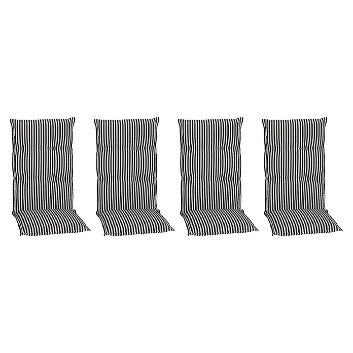 beo Gartenmöbel-Auflage Tupelo - Hochlehner, 4 Stk., L x B x H: 118 x 46 x 8 cm, Baumwolle, Polyester, Schwarz/Weiß - Abgebildet sind vier gestreifte Hochlehner-Auflagen. Das Design ist schwarz-weiß gestreift und bequem gepolstert, ideal für Gartenstühle.