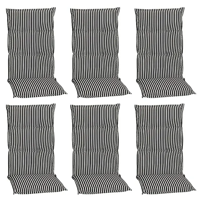 beo Gartenmöbel-Auflage Tupelo - Hochlehner, 6 Stk., L x B x H: 118 x 46 x 8 cm, Baumwolle, Polyester, Schwarz/Weiß - Sechs gestreifte Gartenstuhlauflagen bieten Komfort und Stil für entspannte Stunden im Freien, perfekt für Gartenmöbel.