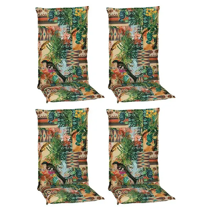 beo Gartenmöbel-Auflage Texas - Hochlehner, 4 Stk., L x B x H: 118 x 46 x 8 cm, Baumwolle, Polyester, Grün/Gelb/Schwarz - Vier Stuhlkissen mit einem tropischen Muster mit bunten Blättern und einem Vogel. Sie sind perfekt, um jedem Raum einen Hauch von Farbe zu verleihen.