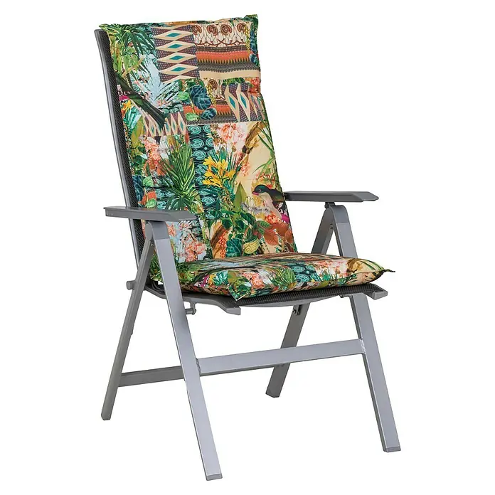 beo Gartenmöbel-Auflage Texas - Hochlehner, 4 Stk., L x B x H: 118 x 46 x 8 cm, Baumwolle, Polyester, Grün/Gelb/Schwarz - Grauer Gartenstuhl mit auffälligem, gemustertem Kissen. Ideal für entspannte Stunden im Freien mit hohem Sitzkomfort.
