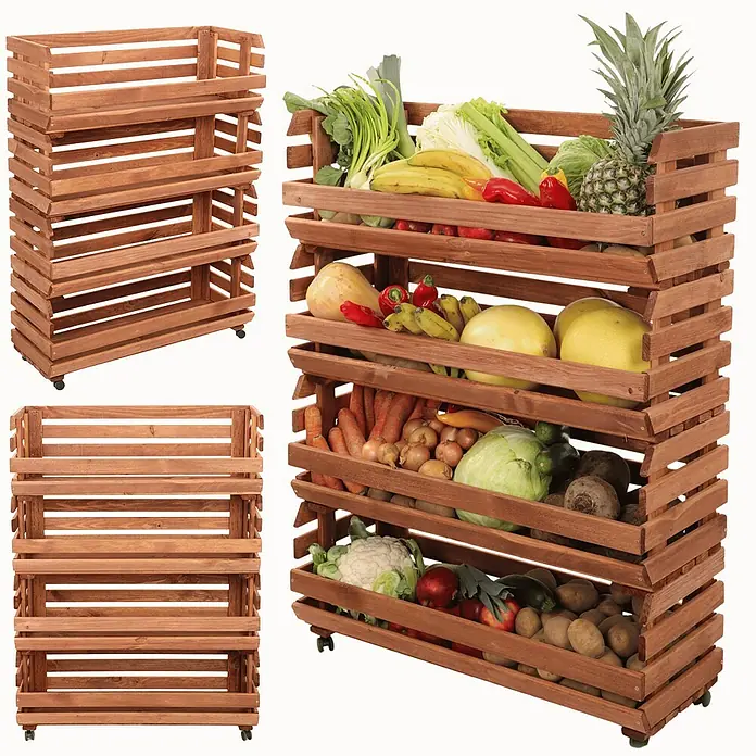 Proregal Holzregal Gemüseregal VeggieRoll mit Rollen - Anzahl Böden: 4 Stk., Schrauben, Braun