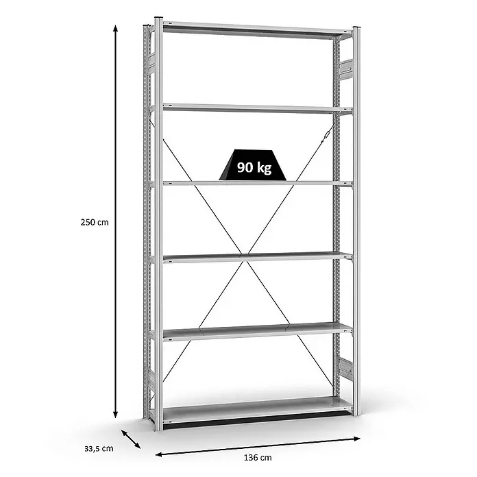Proregal Metallregal MAGNUS Stecksystem - H x B x T: 250 x 130 x 30 cm, Traglast pro Boden: 90 kg, Anzahl Böden: 6 Stk., Stecken, Verzinkt